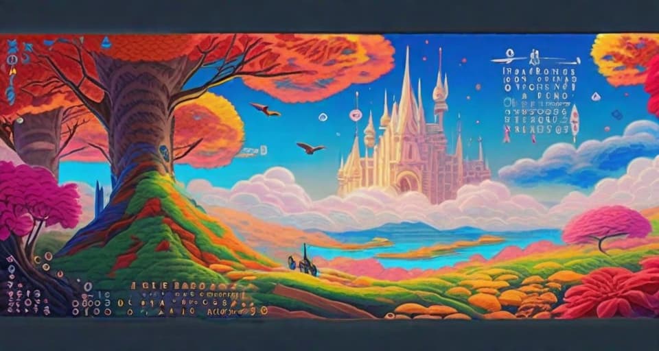  traditional oil on canvas painting, fantasy art, 4k, ghibli Anime, detailed animation , pixar style , text on scroll with quill pen with dream like (((letters and numbers))) floating out and around, vivid colours, bright, cheerful and magical