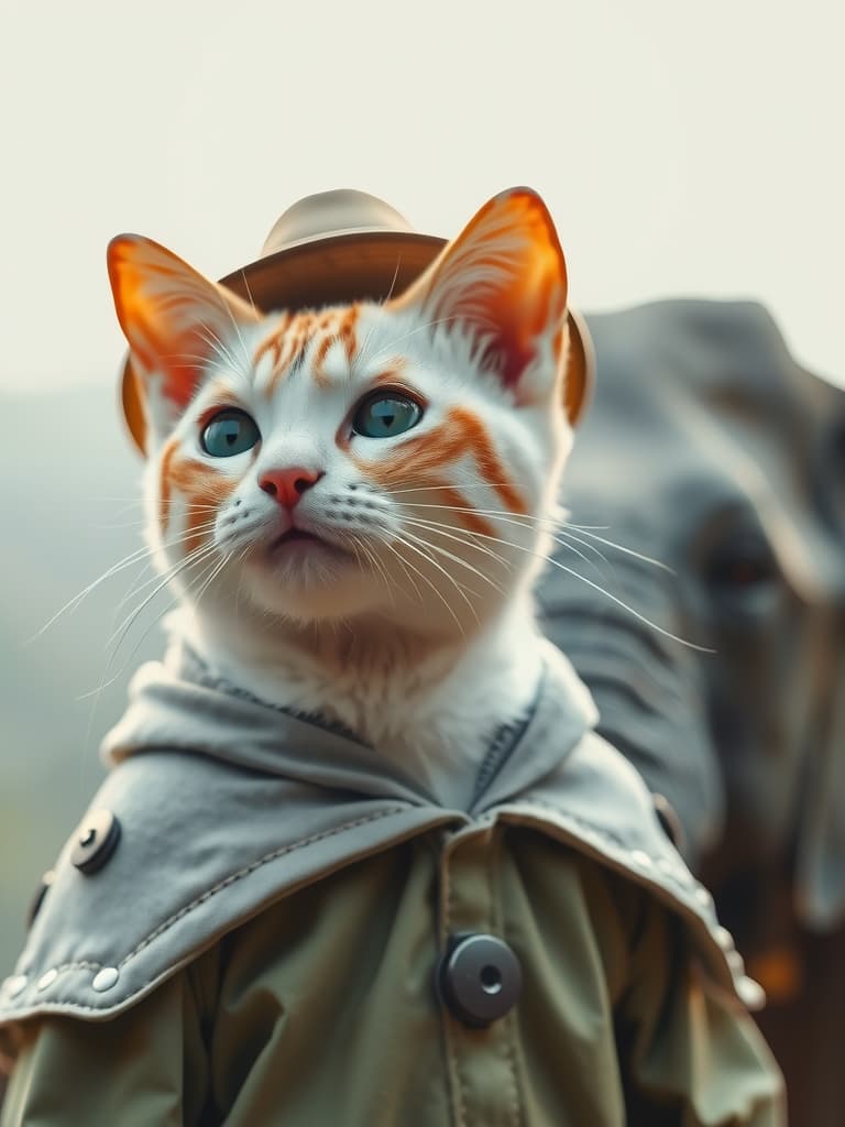  a white cat with hat and with an elephant hyperrealistic, full body, detailed clothing, highly detailed, cinematic lighting, stunningly beautiful, intricate, sharp focus, f/1. 8, 85mm, (centered image composition), (professionally color graded), ((bright soft diffused light)), volumetric fog, trending on instagram, trending on tumblr, HDR 4K, 8K