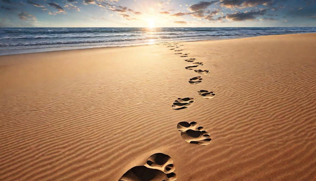  digital illustration, Footprints in the sand leading towards a radiant horizon, journey, personal progress, infinite possibilities, looking at viewer, dynamic pose, (intricate details, masterpiece, best quality)