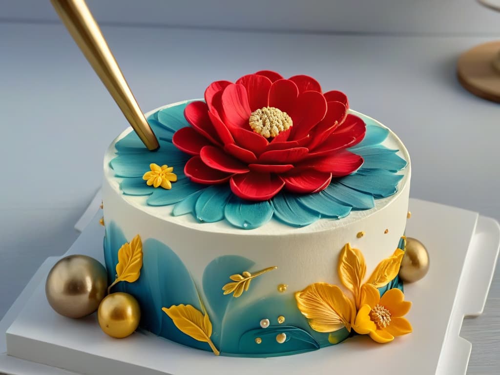  A closeup, ultradetailed image of a delicate fondant flower being meticulously handpainted with edible gold paint, showcasing intricate brush strokes and vibrant colors. hyperrealistic, full body, detailed clothing, highly detailed, cinematic lighting, stunningly beautiful, intricate, sharp focus, f/1. 8, 85mm, (centered image composition), (professionally color graded), ((bright soft diffused light)), volumetric fog, trending on instagram, trending on tumblr, HDR 4K, 8K