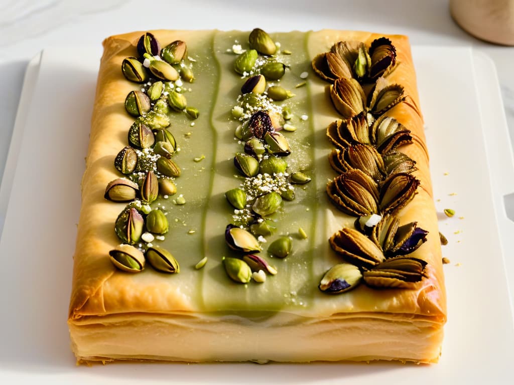  An ultradetailed closeup image of a freshly baked pistachio and rosewater baklava, showcasing the intricate layers of phyllo pastry, crushed pistachios, and a drizzle of honey on top. The baklava is delicately garnished with whole pistachios and dried rose petals, set against a clean, white backdrop to emphasize its elegance and sophistication. hyperrealistic, full body, detailed clothing, highly detailed, cinematic lighting, stunningly beautiful, intricate, sharp focus, f/1. 8, 85mm, (centered image composition), (professionally color graded), ((bright soft diffused light)), volumetric fog, trending on instagram, trending on tumblr, HDR 4K, 8K