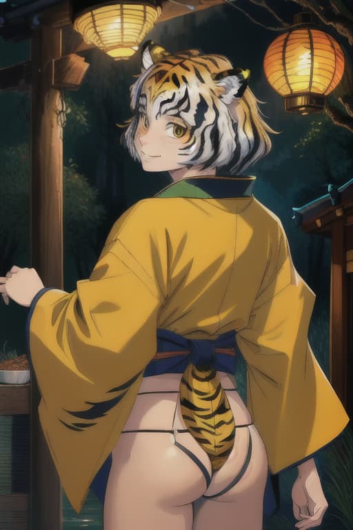  (Masterpiece, Best Quounty) 1.5, Absurd Detailed, Raw Photo Realistic, (Super Fine Shine Face), 8k, (Tiger-Stripes Kimono, short hem, Tiger Ears, Tiger Ears, Tiger G, Tiger G IRL, Cat Hands, Tiger Tail), Raw Photo Realistic Shiny Tiger-Color Hair, Grin, Exposed Butt & Thighs, ((Fundoshi)), Look Back, Cat's Paw, Dynamic Pose, Shrine, Twilight Lighting, ((put on the head))