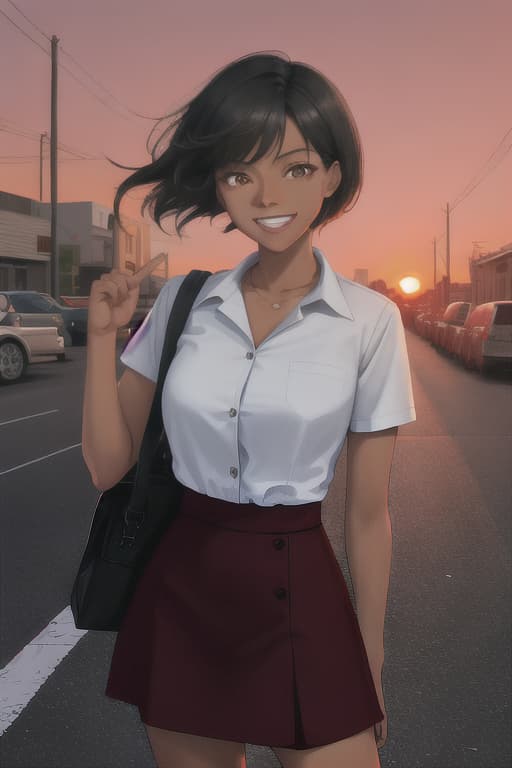  Rolling the shirt, short skirts, short black hair, brown skin, laughing face, chest, big, raw, bags, high -looking streets, bright red sunset sky, cityscape overlooked, high -socks, dynamics, dynamics. Wipe your hand while turning around