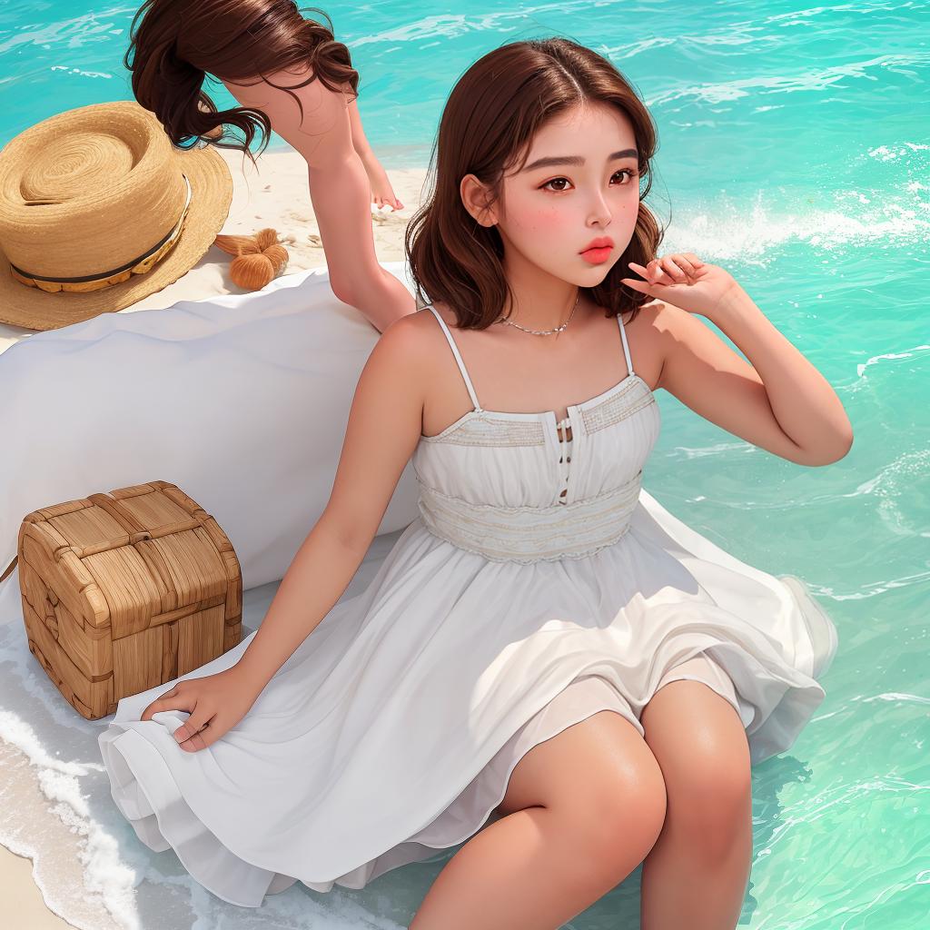  masterpiece, best quality, goddess, tan, female, small eyes, honey eyes, big pout lips, short brown hair, big cheeks , ocean, summer, white dress, Mexican beach,