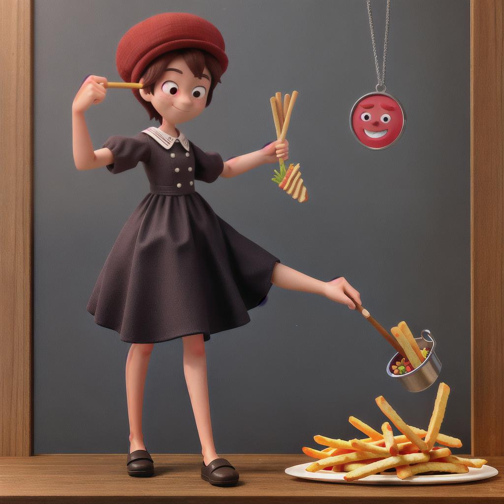  Masterpiece, best quality, a spiced stick with a hand and a French fry with a hand, holding a medal to the screen