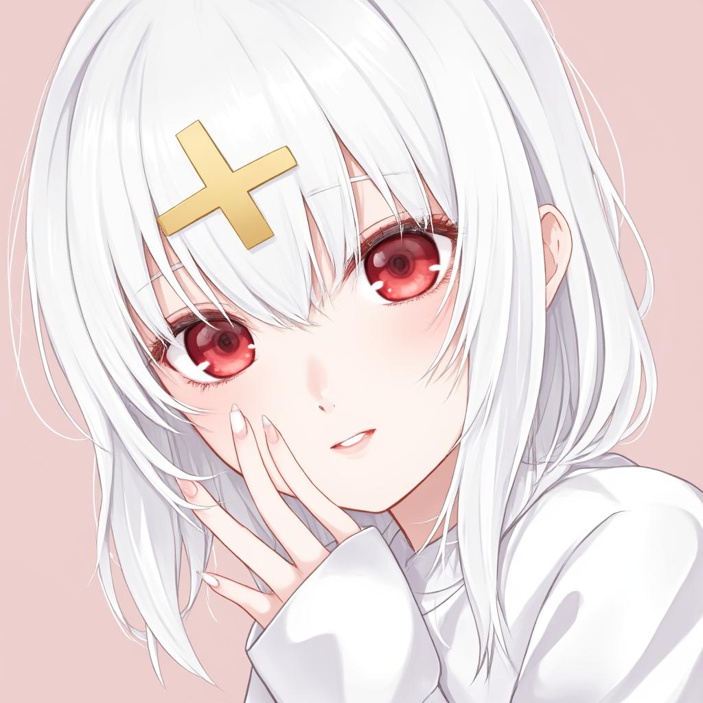  nijiex style,illustration of anime style, white haired white female with red eyes. gold cross on her forehead