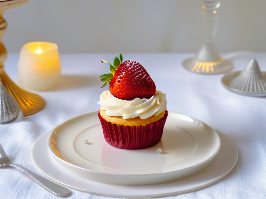  A minimalist and elegant table setting featuring a delicate porcelain plate with a beautifully decorated Champagne cupcake topped with a fresh strawberry. The plate is accompanied by a crystal champagne flute filled with bubbly champagne, a silver fork resting gracefully on a linen napkin, and a small vase of fresh flowers adding a touch of color to the serene scene. The soft natural light highlights the details of the cupcake's frosting and the sparkling bubbles in the champagne, creating a sophisticated and inviting visual for the article. hyperrealistic, full body, detailed clothing, highly detailed, cinematic lighting, stunningly beautiful, intricate, sharp focus, f/1. 8, 85mm, (centered image composition), (professionally color graded), ((bright soft diffused light)), volumetric fog, trending on instagram, trending on tumblr, HDR 4K, 8K