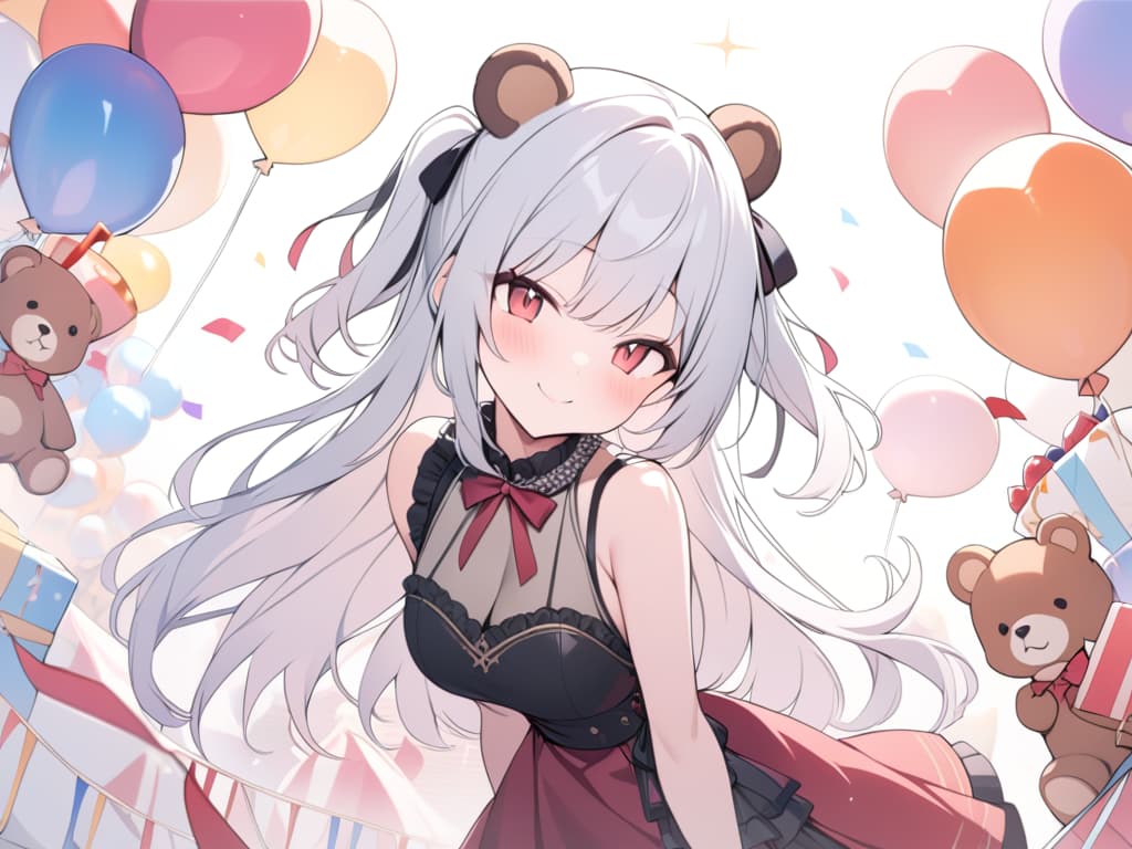  1 Girl, solo, white hair, dark pink, gradation, twosideup, long hair, smile, birthday, cute, pink, balloon, celebration, red eyes, sauce, princess, rose, bear, masterpiece, best quality,8k,ultra detailed,high resolution,an extremely delicate and beautiful,hyper detail