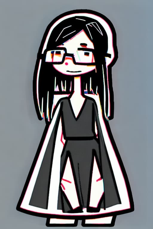  Geeky, stick figure, has anxious strained face, nervous smil, stringy straight black medium length hair, wearing a generic nondescript triangle dress outfit, with cape, afraid, nerdy, no symbol on-dress, plain mask over eyes, standing forward in a power pose, cartoon I