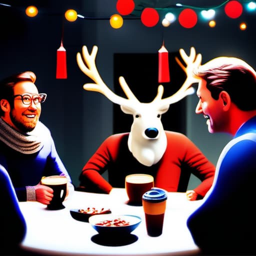  A reindeer support group meeting with comically neurotic reindeer discussing their holiday stress and fears, while sipping cocoa and eating carrots. Each reindeer should have exaggerated expressions and quirks, and the setting should resemble a cozy, yet absurd therapy session, complete with an overly attentive snowman therapist. hyperrealistic, full body, detailed clothing, highly detailed, cinematic lighting, stunningly beautiful, intricate, sharp focus, f/1. 8, 85mm, (centered image composition), (professionally color graded), ((bright soft diffused light)), volumetric fog, trending on instagram, trending on tumblr, HDR 4K, 8K