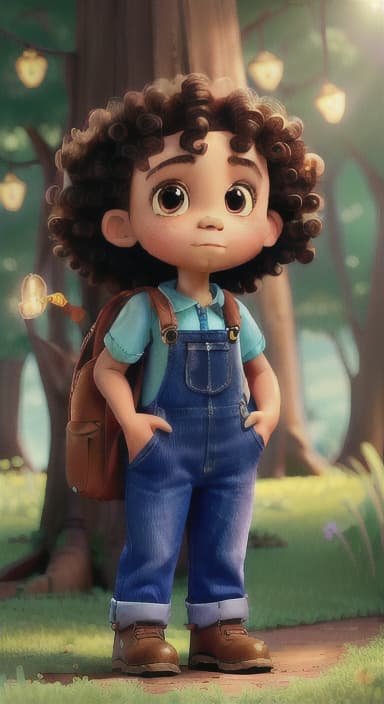  {The tree shining brightly and releasing a gentle, magical light., Riley, a curious with big brown eyes and curly hair, wearing overalls and carrying a small backpack. Their friend, Skye, a bluebird with shiny feathers.