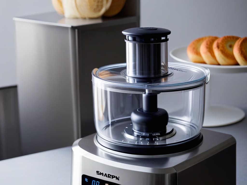  An ultradetailed closeup image of a sleek, modern food processor with a focus on the sharp blades and intricate settings panel. The image showcases the machine's polished steel exterior, reflecting soft ambient light to highlight its elegant design. The blades are shown in extreme detail, capturing the precision and sharpness ideal for fine pastry work. The background is subtly blurred to emphasize the minimalist aesthetic, creating a visually striking and professional image for the article on highend food processors for fine pastry making. hyperrealistic, full body, detailed clothing, highly detailed, cinematic lighting, stunningly beautiful, intricate, sharp focus, f/1. 8, 85mm, (centered image composition), (professionally color graded), ((bright soft diffused light)), volumetric fog, trending on instagram, trending on tumblr, HDR 4K, 8K