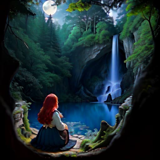  Split the picture into moon and sun. portrait of a woman in love aged 45, blue eyes, red hair, in a forest, timeless, timepiece, scrapbook with analog, high quality, detailed, photo realism, style of esao andrews, perfect detailed eyes Ancient Trees. Roots. Waterfalls. Half night and half day magical and haunting. Trees Pools With Reflections. High Detail, Highly defined, highly detailed, sharp focus, (centered image composition), 4K, 8K