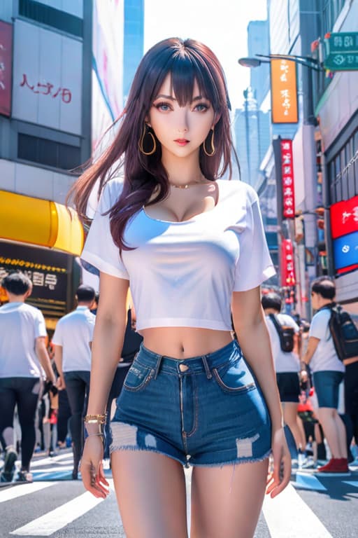  masterpiece, best quality, highres, aarin, long hair, earrings, <lora:shibuya rin v1:0.7>, (white underboob t shirt:1.9) clothes writing, midriff, jeans, hands in pockets hyperrealistic, full body, detailed clothing, highly detailed, cinematic lighting, stunningly beautiful, intricate, sharp focus, f/1. 8, 85mm, (centered image composition), (professionally color graded), ((bright soft diffused light)), volumetric fog, trending on instagram, trending on tumblr, HDR 4K, 8K