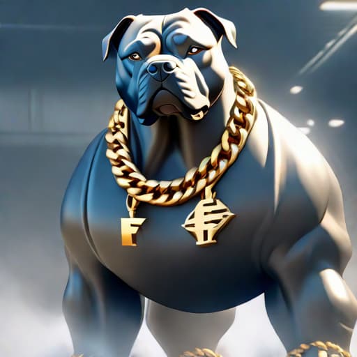  A cartoon pit bull with a muscular build iced out with gold chain with FF symbol on chain hyperrealistic, full body, detailed clothing, highly detailed, cinematic lighting, stunningly beautiful, intricate, sharp focus, f/1. 8, 85mm, (centered image composition), (professionally color graded), ((bright soft diffused light)), volumetric fog, trending on instagram, trending on tumblr, HDR 4K, 8K