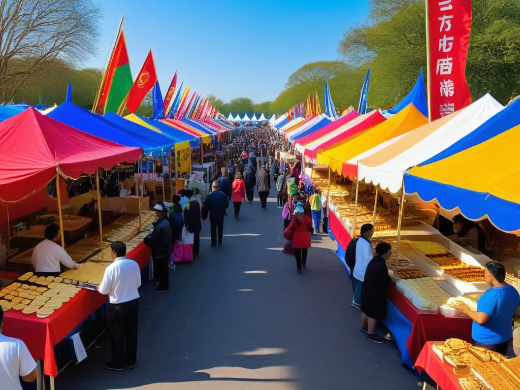  A photorealistic image of a bustling openair food festival, featuring a diverse array of vendors selling colorful and delicious crepes from around the world. The scene is filled with people of various cultures and ages, enjoying the festive atmosphere under a bright blue sky. The vendors' stalls are adorned with vibrant banners and decorations, showcasing the wide range of crepe flavors and fillings available. Steam rises from sizzling griddles as chefs expertly prepare the thin pancakes, adding a sense of motion and liveliness to the scene. The image captures the essence of a multicultural culinary celebration centered around the beloved and versatile crepe. hyperrealistic, full body, detailed clothing, highly detailed, cinematic lighting, stunningly beautiful, intricate, sharp focus, f/1. 8, 85mm, (centered image composition), (professionally color graded), ((bright soft diffused light)), volumetric fog, trending on instagram, trending on tumblr, HDR 4K, 8K