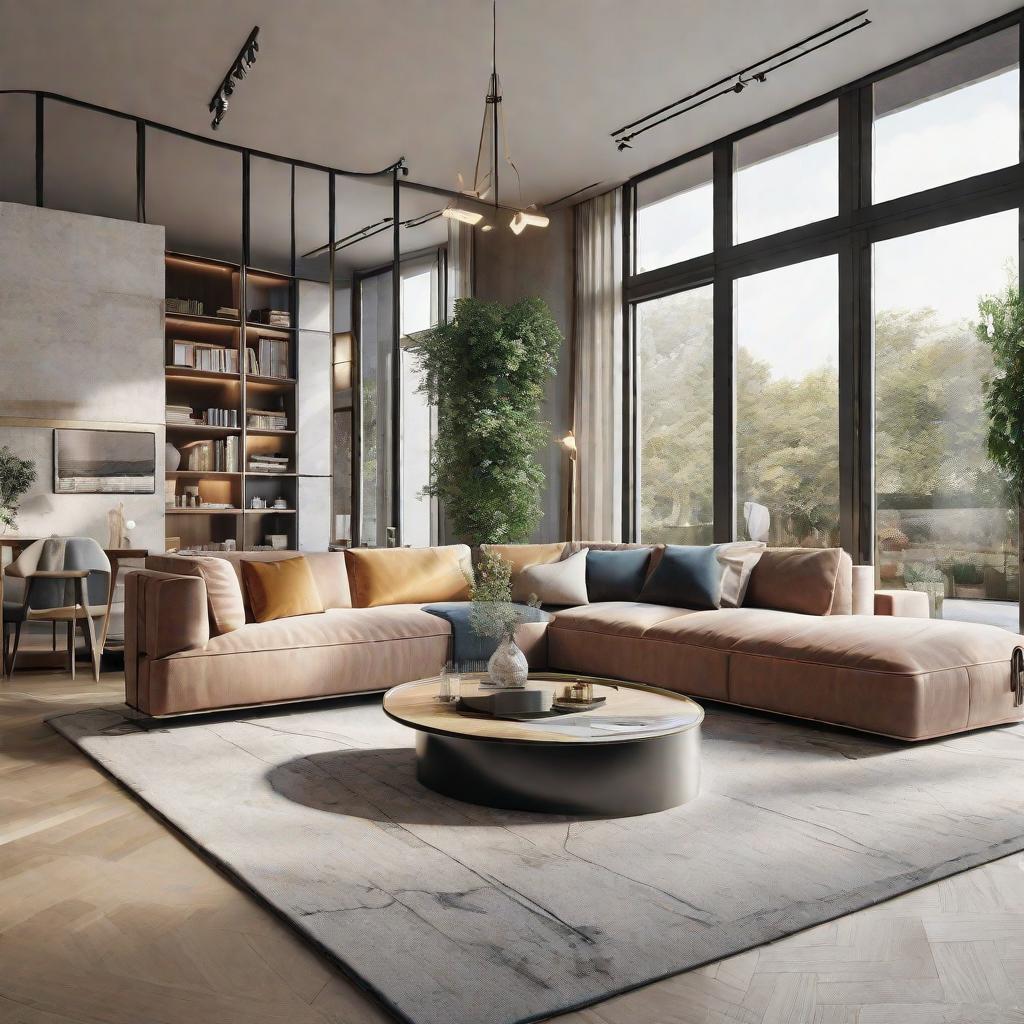  masterpiece, best quality, Best Quality, Masterpiece, 8k resolution,high resolution concept art of an apartment living room with floor to ceiling windows and modern furniture