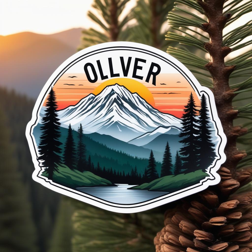  Custom sticker design on an isolated white background with the bold words “Oliver” with a backdrop of a mountain range, and silhouettes of pine trees at sunset