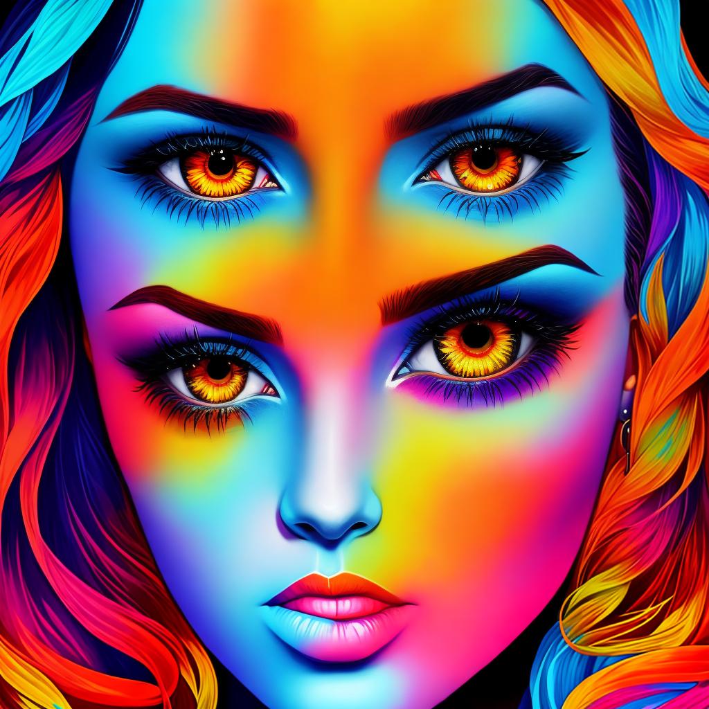  _ an animated digital art illustration of a woman's eye and makeup, in the style of tristan eaton, psychedelic artwork, cyril rolando, orange and azure, conceptual art pieces, psychedelic tableaux, multi-layered figures