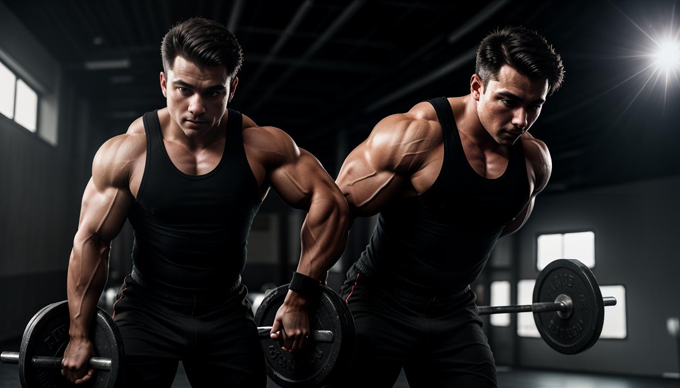  cinematic, aesthetic, Person lifting weights, defined muscles, strong posture, determination, personal strength, 4k, HDR, lens flare