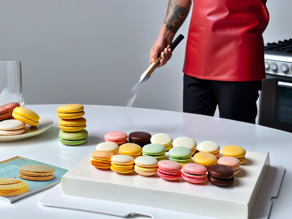  An ultradetailed, 8k resolution image of a minimalist kitchen with sleek, modern appliances, a marble countertop adorned with colorful macarons, a stack of innovative pastry cookbooks, and a chef's hand holding a piping bag creating a trendy dessert masterpiece. hyperrealistic, full body, detailed clothing, highly detailed, cinematic lighting, stunningly beautiful, intricate, sharp focus, f/1. 8, 85mm, (centered image composition), (professionally color graded), ((bright soft diffused light)), volumetric fog, trending on instagram, trending on tumblr, HDR 4K, 8K