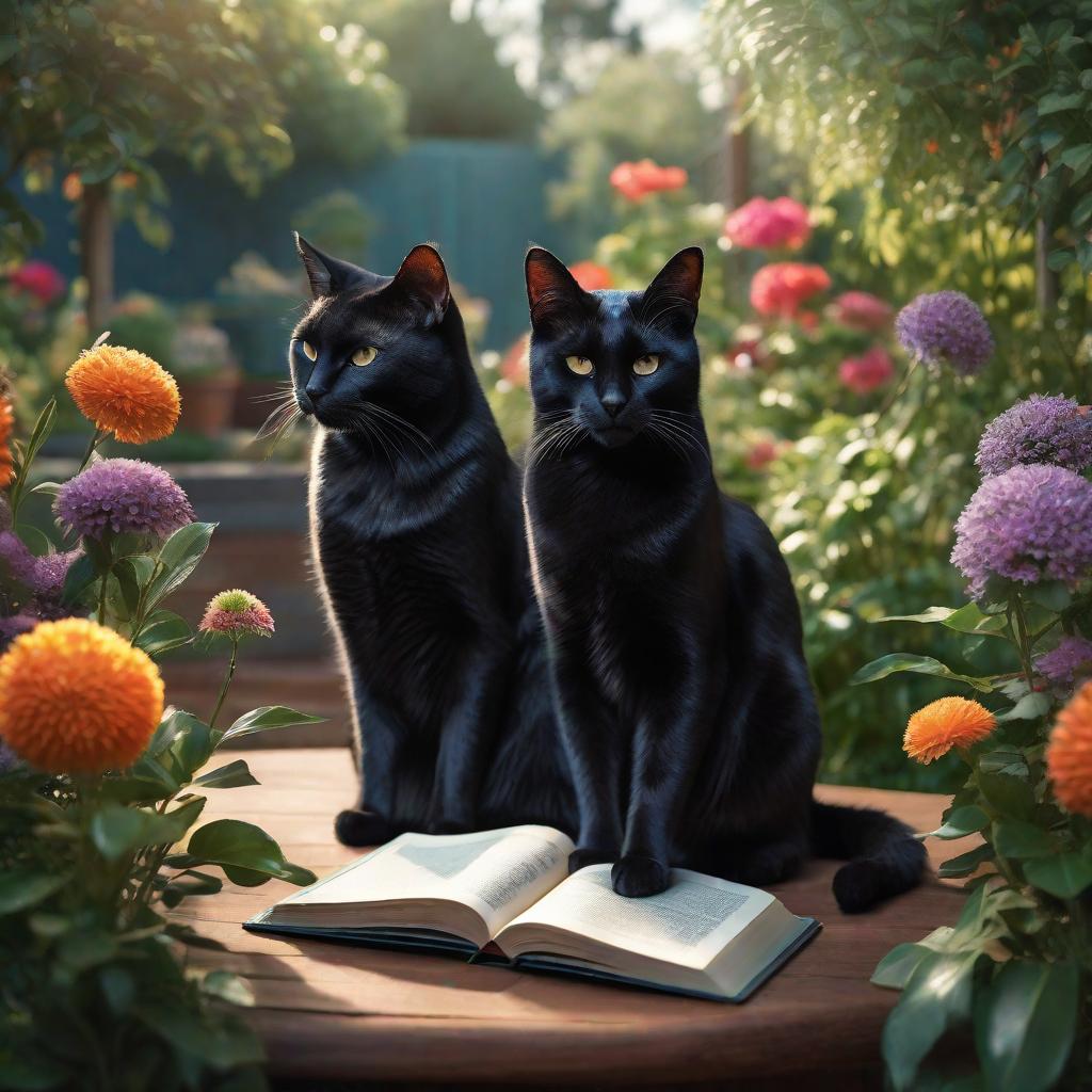  Realistic image of 2 black cats one bigger than the other wearing headphones and reading glasses while garden. hyperrealistic, full body, detailed clothing, highly detailed, cinematic lighting, stunningly beautiful, intricate, sharp focus, f/1. 8, 85mm, (centered image composition), (professionally color graded), ((bright soft diffused light)), volumetric fog, trending on instagram, trending on tumblr, HDR 4K, 8K