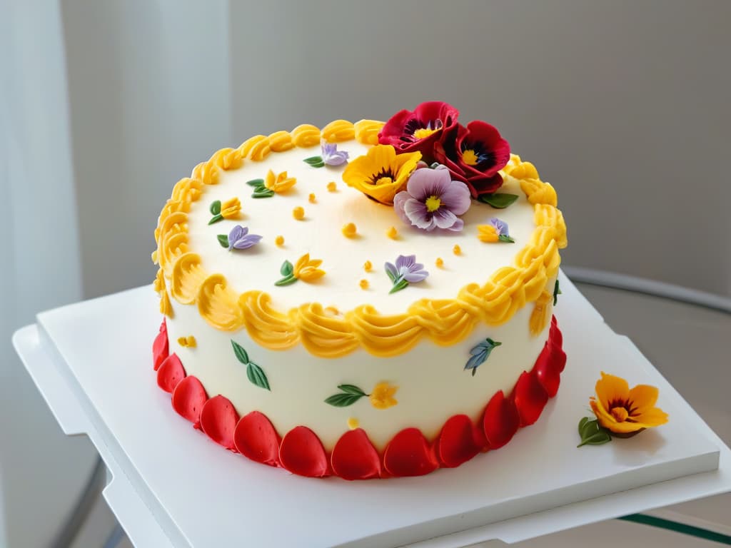  A minimalistic image of a beautifully decorated cake with vibrant colors and intricate details, set against a clean, white background. The cake should be the focal point, showcasing intricate piping work, delicate fondant decorations, and vibrant edible flowers. The overall aesthetic is elegant, sophisticated, and visually striking, making it a perfect fit for a professional and inspiring article on social media content creation for bakeries in 2023. hyperrealistic, full body, detailed clothing, highly detailed, cinematic lighting, stunningly beautiful, intricate, sharp focus, f/1. 8, 85mm, (centered image composition), (professionally color graded), ((bright soft diffused light)), volumetric fog, trending on instagram, trending on tumblr, HDR 4K, 8K