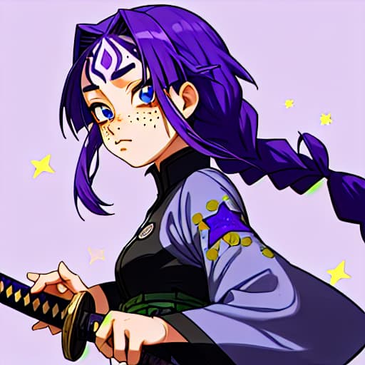  Hashira with purple braided hair, blue eyes, violet Haori with stars on it, Freckles in her face and a blue katana that have stars on it in amine stil from demon slayer
