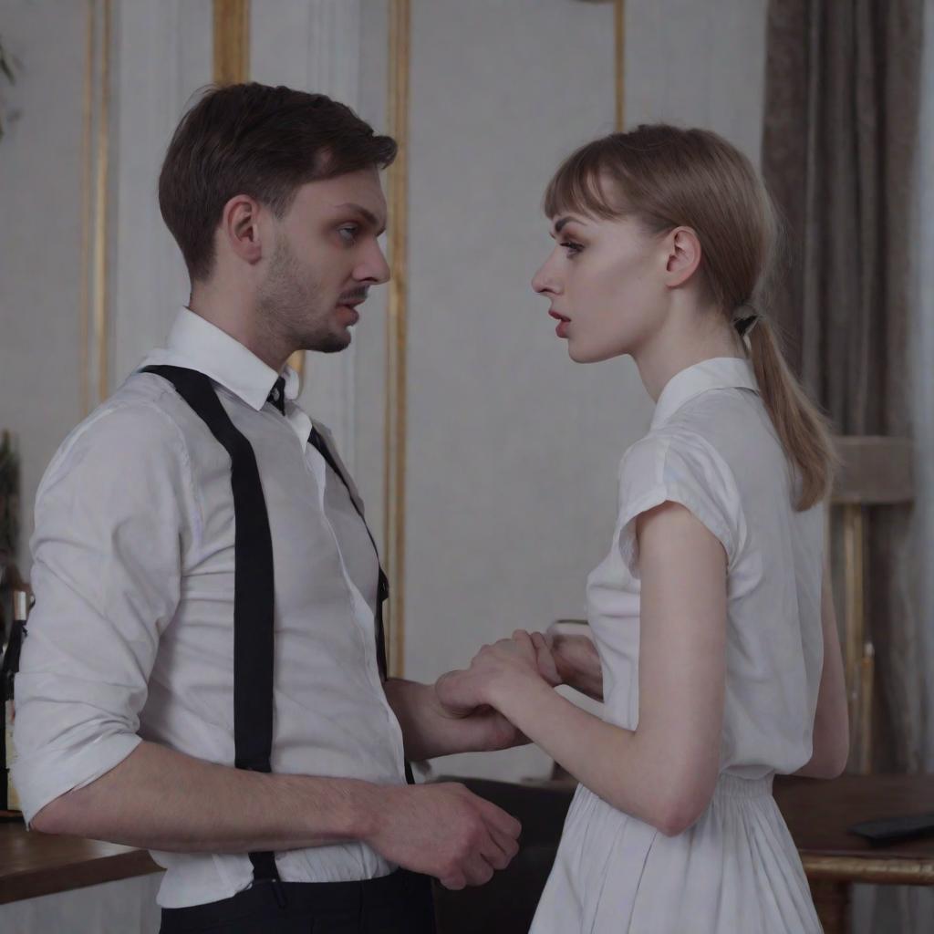  a couple of women standing next to each other, stockings, video still, derevschikova, 1 male, very pale white skin, lovely couple, with slight stubble, desperate action, fully clothed, clothed, grown together, server in the middle, 2 0 1 9, 30 year woman