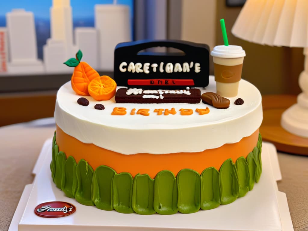  A closeup, ultradetailed image of a beautifully decorated cake inspired by the iconic Central Perk coffee shop from the TV show Friends. The cake features intricate fondant details like the iconic orange couch, the neon coffee sign, and tiny coffee cups, all set against a backdrop of a New York City skyline made of frosting. The color scheme is a mix of warm browns, greens, and pops of orange, capturing the cozy and familiar ambiance of the beloved TV show. The image is expertly captured to highlight the delicate craftsmanship and artistic design of the cake, making it a visually striking and mouthwatering centerpiece for any Friendsthemed bakery collection. hyperrealistic, full body, detailed clothing, highly detailed, cinematic lighting, stunningly beautiful, intricate, sharp focus, f/1. 8, 85mm, (centered image composition), (professionally color graded), ((bright soft diffused light)), volumetric fog, trending on instagram, trending on tumblr, HDR 4K, 8K