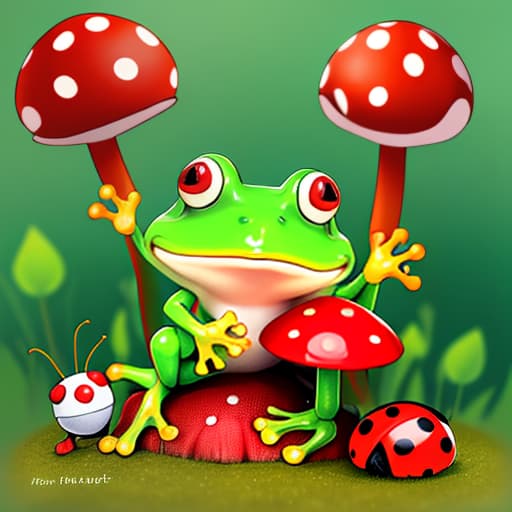  a cute frog sitting on a red mushroom with a ladybug friend. The frog is playing the guitar. the ladybug is dancing