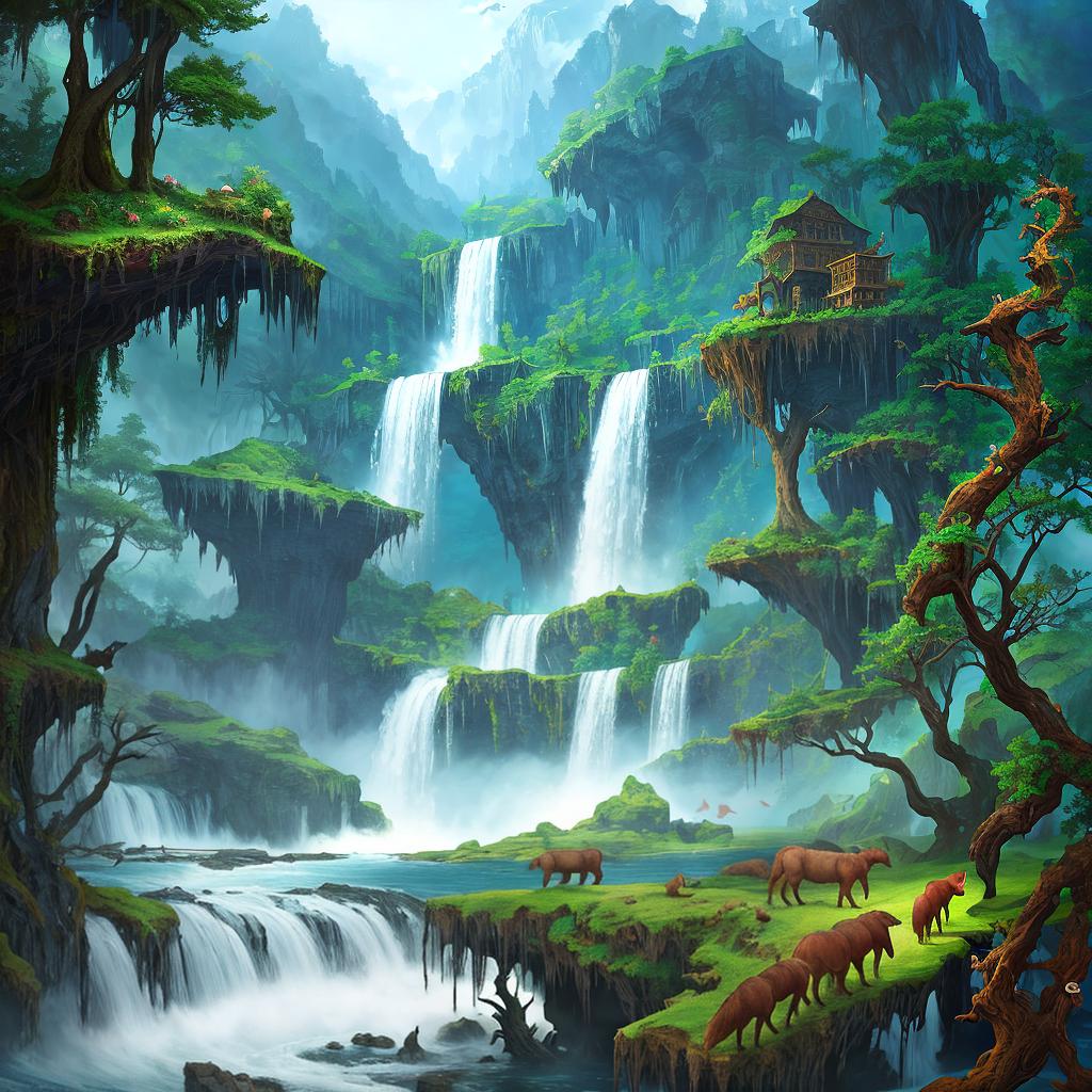  in a fantasy setting, Paint a surreal landscape where mythical beasts roam amidst cascading waterfalls.