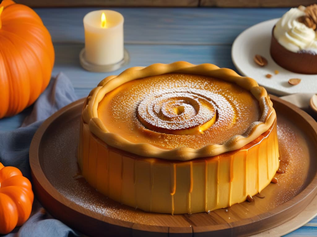  A photorealistic image of a perfectly baked flan de calabaza (pumpkin flan) elegantly presented on a rustic wooden table. The flan is beautifully caramelized on top, with a rich golden hue and a smooth, creamy texture. It sits on a vintage ceramic plate, garnished with a sprinkle of cinnamon and a dollop of freshly whipped cream. The background is softly blurred, emphasizing the flan as the star of the image, inviting viewers to indulge in the traditional autumnal flavors captured in this classic dessert. hyperrealistic, full body, detailed clothing, highly detailed, cinematic lighting, stunningly beautiful, intricate, sharp focus, f/1. 8, 85mm, (centered image composition), (professionally color graded), ((bright soft diffused light)), volumetric fog, trending on instagram, trending on tumblr, HDR 4K, 8K