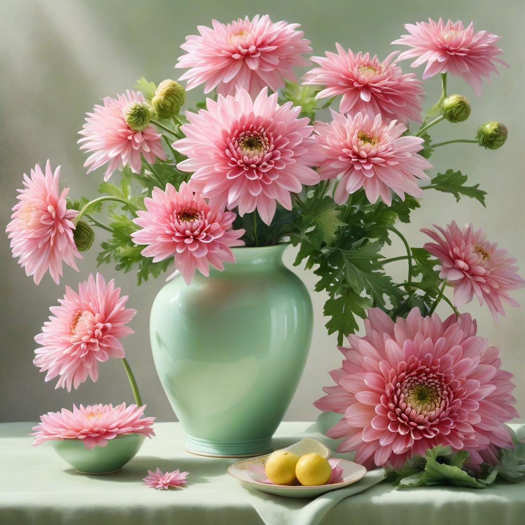  A bouquet of pink chrysanthemums in an exquisite light green ceramic vase. Watercolor painting, very bright design, realistic, cartoon style hyperrealistic, full body, detailed clothing, highly detailed, cinematic lighting, stunningly beautiful, intricate, sharp focus, f/1. 8, 85mm, (centered image composition), (professionally color graded), ((bright soft diffused light)), volumetric fog, trending on instagram, trending on tumblr, HDR 4K, 8K