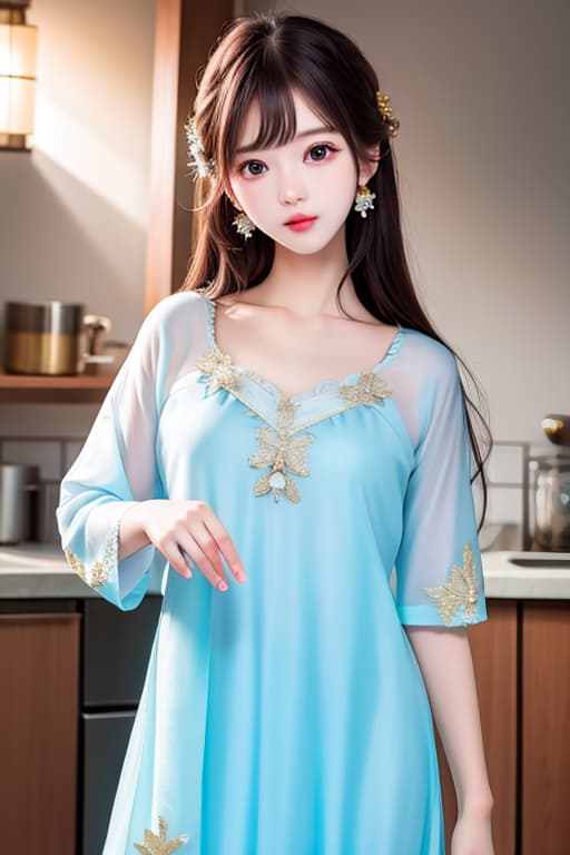  (:1.4), Beautiful korean young , nightgown, in kitchen, masterpiece, (detailed face), (detailed clothes), f/1.4, ISO 200, 1/160s, 4K, unedited, symmetrical balance, in-frame, masterpiece, perfect lighting, (beautiful face), (detailed face), (detailed clothes), 1 , (woman), 4K, ultrarealistic, unedited, symmetrical balance, in-frame