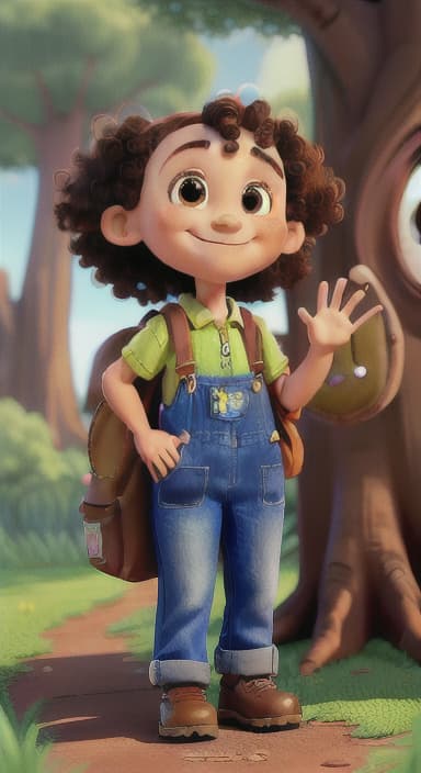  {The tree with a smiling face formed by its bark, looking down at Riley., Riley, a curious with big brown eyes and curly hair, wearing overalls and carrying a small backpack. Their friend, Skye, a bluebird with shiny feathers.