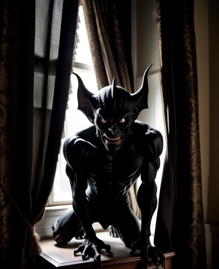 A thin black devil crouching like a gargoyle without wings looks at me from behind the curtains on the windowsill. In a dimly lit room. The room is furnished with antique furniture.