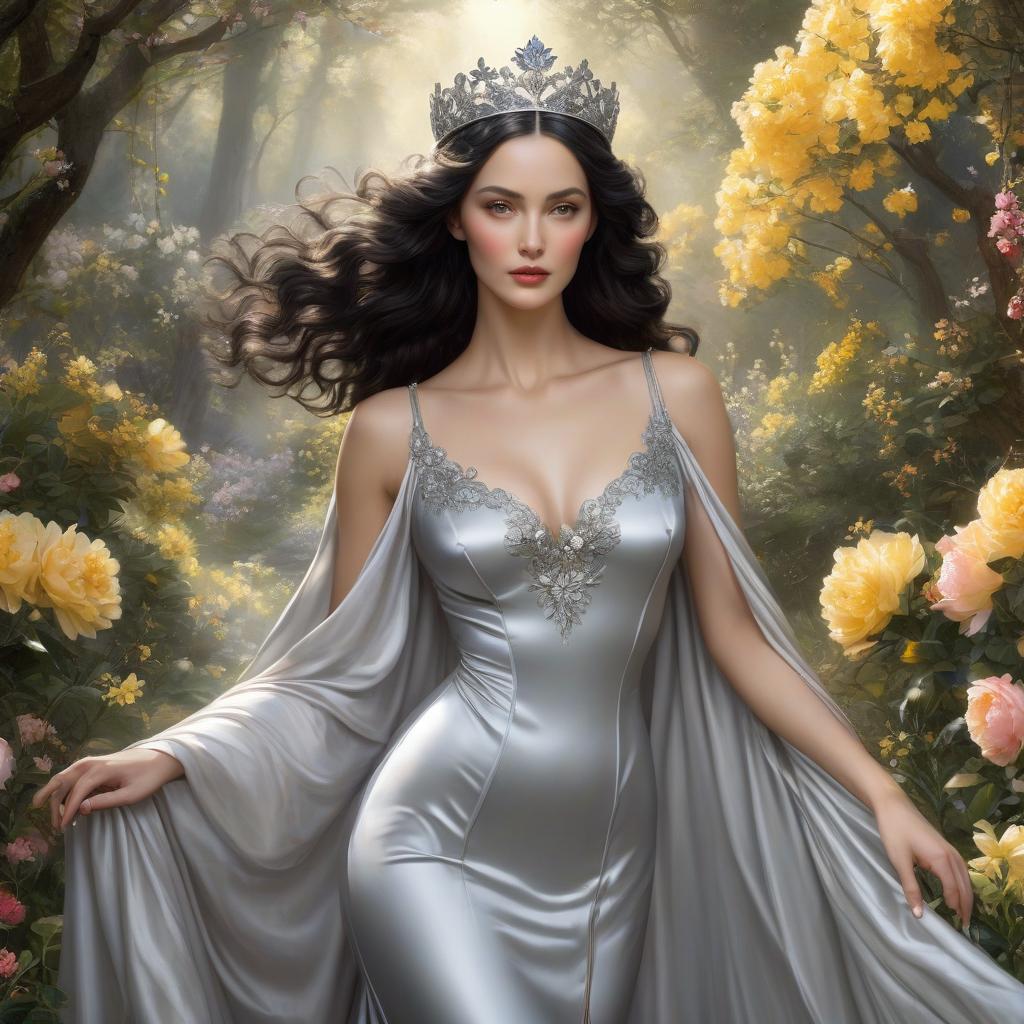  Luthien Tinuviel. A very pretty girl. Forest, silver crown on her forehead. ((Sparkling rim)): spring field, hyacinths, roses, rosehips, rose hips, peonies, cherry tree, yellow, red, black flowers, forget me nots. Elaborate body parts, high detail, high processing. Proper hand imaging. A very pretty girl in a fitted silver dress that is narrow at the top but widens at the bottom. Feronniere. Flying ball gown, lightweight. Silk satin dress. A tiara on her forehead, wavy black hair, clear gray eyes. In the eyes of wisdom, beauty, nobility. Alfonso Mucha, Honoré Fargonard. hyperrealistic, full body, detailed clothing, highly detailed, cinematic lighting, stunningly beautiful, intricate, sharp focus, f/1. 8, 85mm, (centered image composition), (professionally color graded), ((bright soft diffused light)), volumetric fog, trending on instagram, trending on tumblr, HDR 4K, 8K