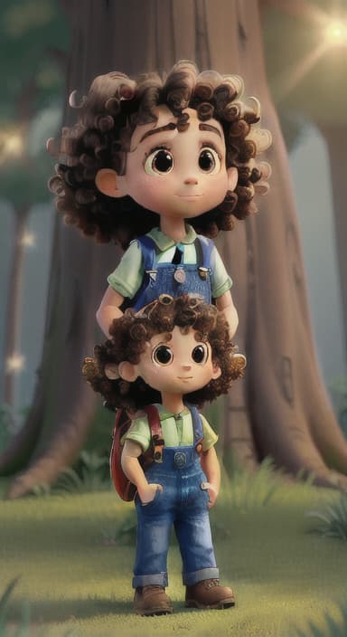  {The tree shining brightly and releasing a gentle, magical light., Riley, a curious with big brown eyes and curly hair, wearing overalls and carrying a small backpack. Their friend, Skye, a bluebird with shiny feathers.