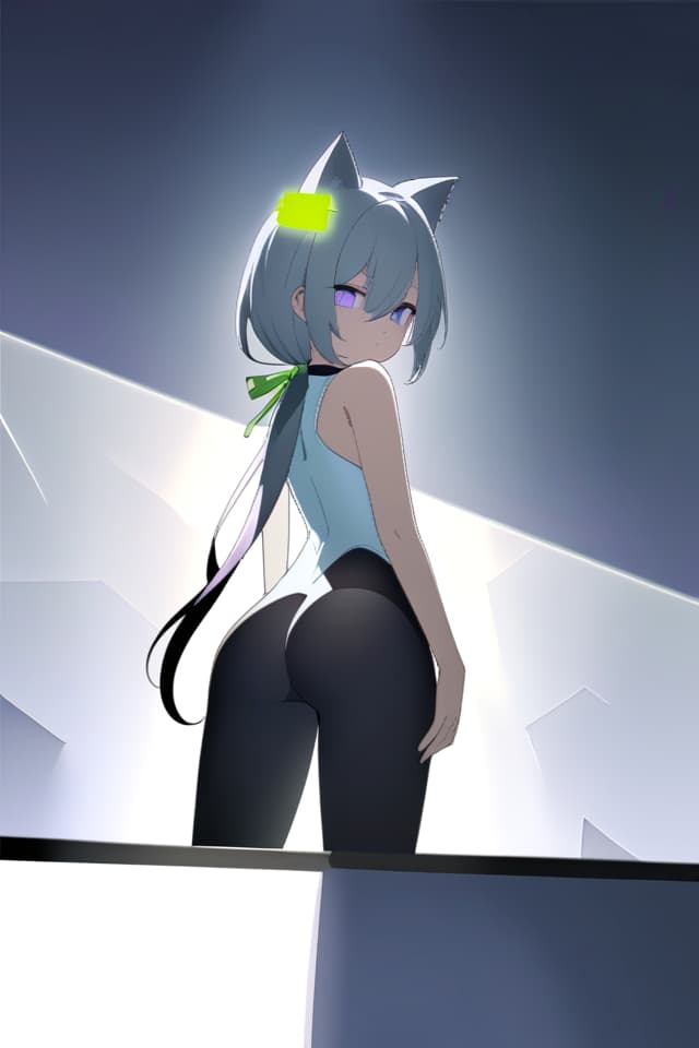  (Silver Color Low Ponytail: 1.2), Break, (Cats Ear, Put A Big Green Color Ribbon on the Head: 1.4), (Purple Eyes, Jitome: 1.4) ONE PIECE: 1.4 ), Black Tights, from Below, Looking Back, (Absurdres, masterpiece, ultimate quality), official art, aesthetic, (diffusion lighting, environmental lighting), detailed skin textures, best shadows, very detailed, colorful, colorful, colorful. 8K Wallpaper, Raw Photoristic Detailed, Dutch Angle, 💩, 💩, 💩,