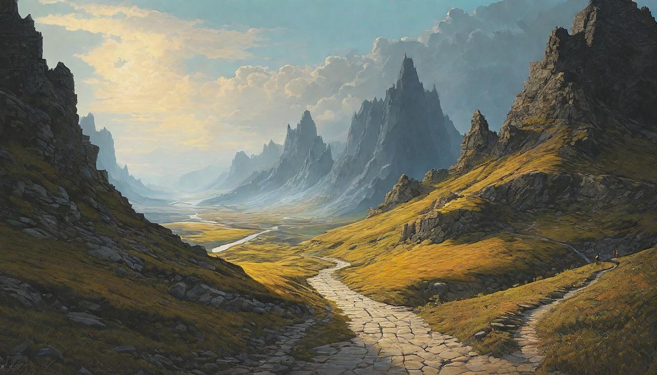  （surrealism)+++A trail winding through a fragmented landscape, diverse footprints converging on the path, emphasizing unity in division, Shared journey, intersection of paths, melting pot of experiences, intricate, detailed landscape, sense of collective resilience looking at viewer,(intricate details, masterpiece, best quality)++