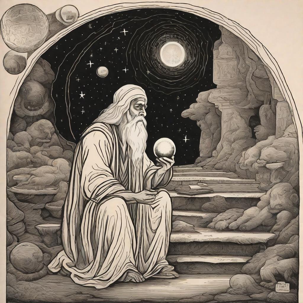  A god, with long white hair and white clothes, stood on a staircase with a crystal ball on it, and the god looked intently at the crystal ball, and it was empty and bright, and there was a starry sky overhead.