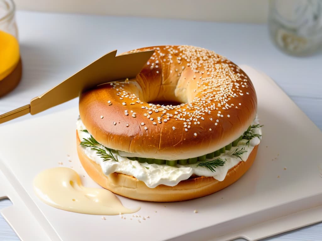  A closeup, photorealistic image of a smooth and creamy vegan cream cheese spread on a freshly baked bagel. The cream cheese is perfectly spread, with small specks of herbs visible in the mixture. The bagel is golden brown and still steaming, with wisps of steam rising from it. The lighting is soft, highlighting the creamy texture of the cheese and the fluffy interior of the bagel. The background is a blurred kitchen setting, giving a cozy and homely feel to the image. hyperrealistic, full body, detailed clothing, highly detailed, cinematic lighting, stunningly beautiful, intricate, sharp focus, f/1. 8, 85mm, (centered image composition), (professionally color graded), ((bright soft diffused light)), volumetric fog, trending on instagram, trending on tumblr, HDR 4K, 8K