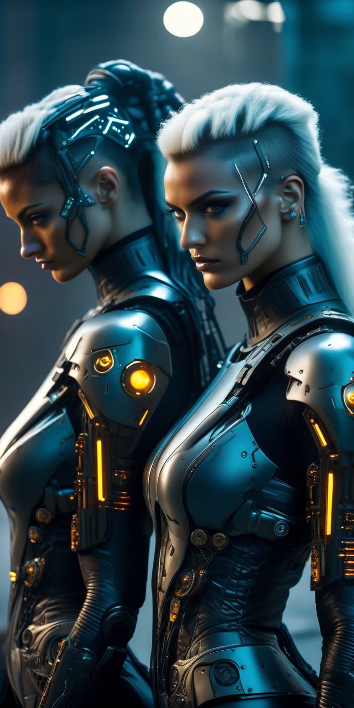  biomechanical cyberpunk Two girls, dark futuristic armor, fire battlefield . cybernetics, human machine fusion, dystopian, organic meets artificial, dark, intricate, highly detailed hyperrealistic, full body, detailed clothing, highly detailed, cinematic lighting, stunningly beautiful, intricate, sharp focus, f/1. 8, 85mm, (centered image composition), (professionally color graded), ((bright soft diffused light)), volumetric fog, trending on instagram, trending on tumblr, HDR 4K, 8K