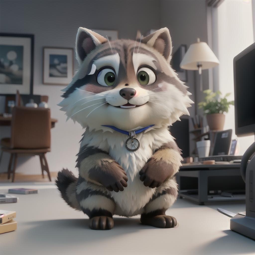  raccoon sitting in gaming chair front a computer on desktop, ((semi anthropomorphic)),(full body), tail, belly, sitting, fat, (chubby), (((white background))), solo, desktop, gaming chair, side view,  [[[clothes]]] hyperrealistic, full body, detailed clothing, highly detailed, cinematic lighting, stunningly beautiful, intricate, sharp focus, f/1. 8, 85mm, (centered image composition), (professionally color graded), ((bright soft diffused light)), volumetric fog, trending on instagram, trending on tumblr, HDR 4K, 8K