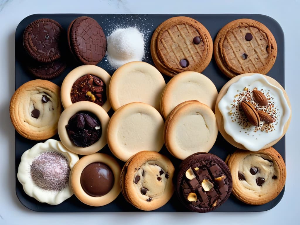  An ultrahighresolution image of a beautifully arranged assortment of vegan cookies on a sleek, modern ceramic plate. The cookies come in various shapes and sizes, showcasing different textures and colors. From classic chocolate chip to decadent double chocolate, each cookie is artfully decorated with a sprinkle of organic ingredients like crushed nuts, dried fruit, and coconut flakes. The soft natural light streaming in from a nearby window highlights the cookies' intricate details, inviting the viewer to indulge in these guiltfree treats. hyperrealistic, full body, detailed clothing, highly detailed, cinematic lighting, stunningly beautiful, intricate, sharp focus, f/1. 8, 85mm, (centered image composition), (professionally color graded), ((bright soft diffused light)), volumetric fog, trending on instagram, trending on tumblr, HDR 4K, 8K