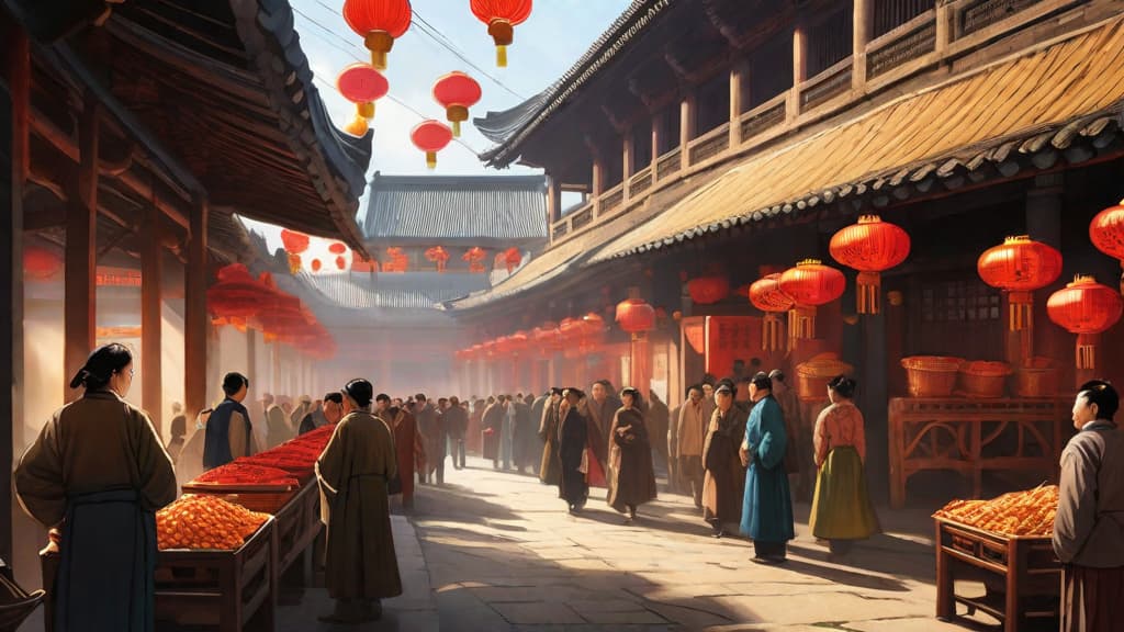  Masterpiece, best quality, The bustling market scene of Chang 'an City in Tang Dynasty is captured in vivid colors and high contrast cinematic compositions. The wooden furniture and brick structure of the houses create a real atmosphere. The market is crowded with surging crowds, creating a lively and exciting feeling. The style is a realistic painting showing intricate details and textures. Natural light illuminates the scene, casting warm tones and creating dynamic shadows. Use high-resolution cameras to capture complex details and wide-angle lenses to surround bustling crowds to achieve hints. Film composition, large panorama, realistic style