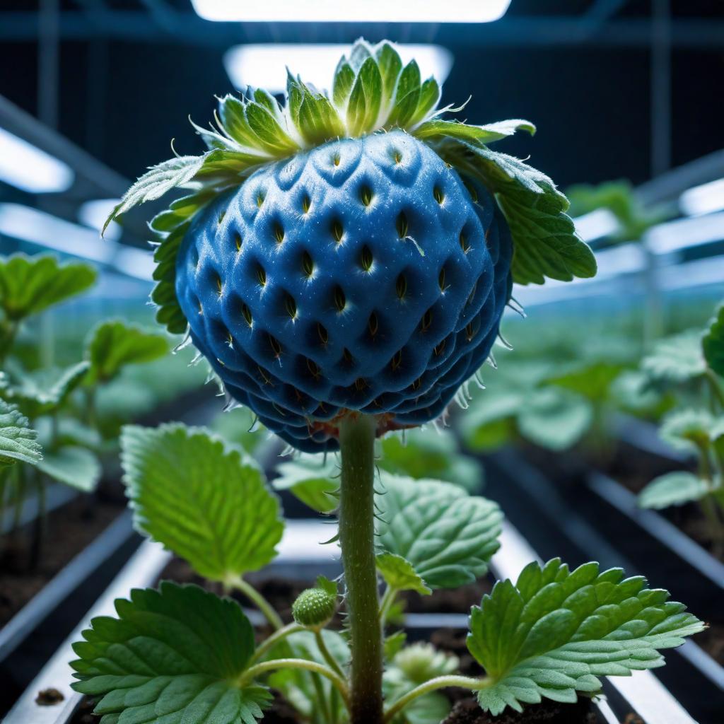  Generate an image of a hydroponic blue strawberry being grown to show the unique cultivation process and appearance of blue strawberries. hyperrealistic, full body, detailed clothing, highly detailed, cinematic lighting, stunningly beautiful, intricate, sharp focus, f/1. 8, 85mm, (centered image composition), (professionally color graded), ((bright soft diffused light)), volumetric fog, trending on instagram, trending on tumblr, HDR 4K, 8K