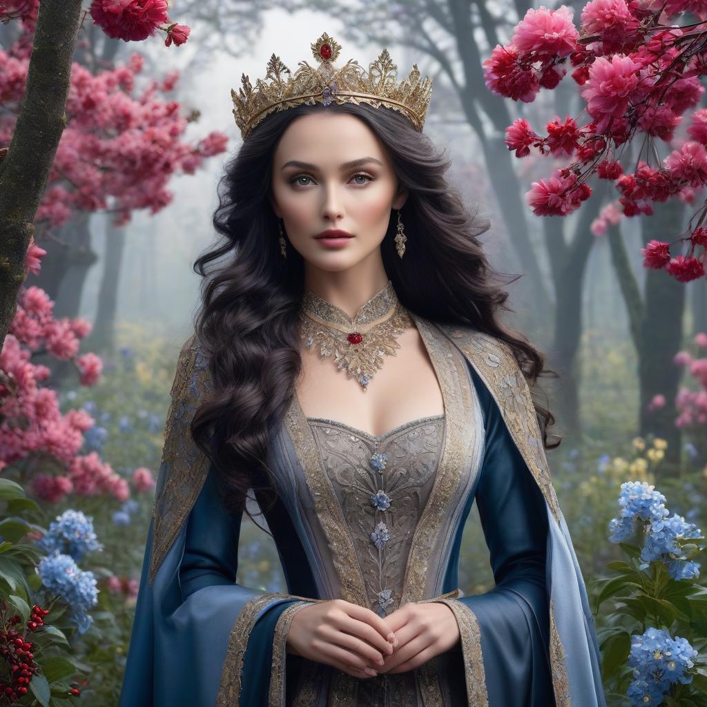  Luthien Tinuviel. A very pretty girl. Grey eyes. Forest, silver crown on her forehead, blue coat. ((Sparkling rim)): spring field, hyacinths, roses, rosehips, rose hips, peonies, cherry tree, yellow, red, black flowers, forget me nots. hyperrealistic, full body, detailed clothing, highly detailed, cinematic lighting, stunningly beautiful, intricate, sharp focus, f/1. 8, 85mm, (centered image composition), (professionally color graded), ((bright soft diffused light)), volumetric fog, trending on instagram, trending on tumblr, HDR 4K, 8K