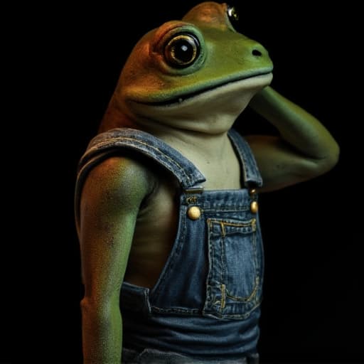  (a frog wearing blue jean), full body, ghibli style, anime, vibrant colors, hdr, enhance, ((plain black background)), masterpiece, highly detailed, 4k, hq, separate colors, bright colors